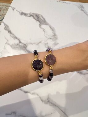 Lot of 2 Real Crystal Bracelet Amethyst Quartz 24K Gold Plated